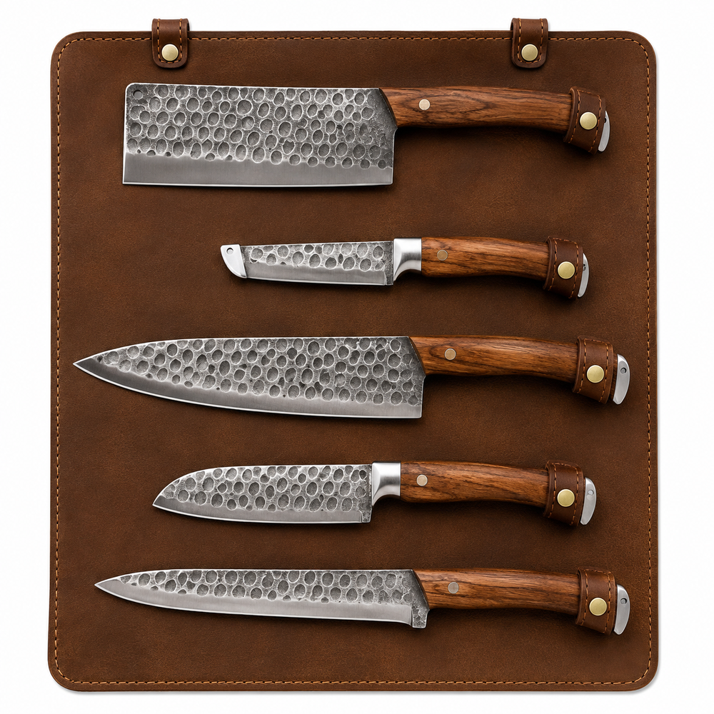 Wildrose Damascus 5-Piece Chef Knife Set with Leather Roll – Kitchen Knife Set