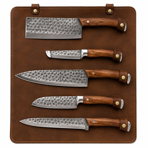 Wildrose Damascus 5-Piece Chef Knife Set with Leather Roll – Kitchen Knife Set