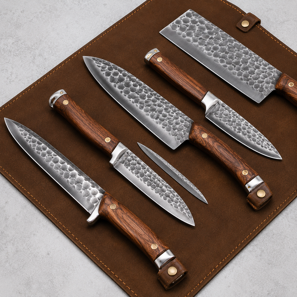 Wildrose Damascus 5-Piece Chef Knife Set with Leather Roll – Kitchen Knife Set