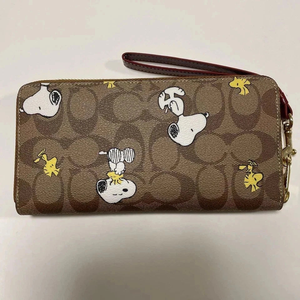 COACH x Peanuts Long Zip Around Wallet Snoopy Woodstock Khaki Signature Canvas