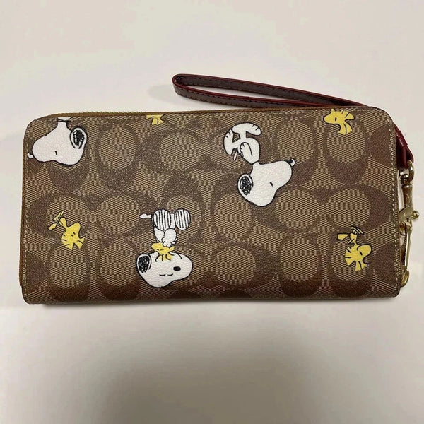 COACH x Peanuts Long Zip Around Wallet Snoopy Woodstock Khaki Signature Canvas